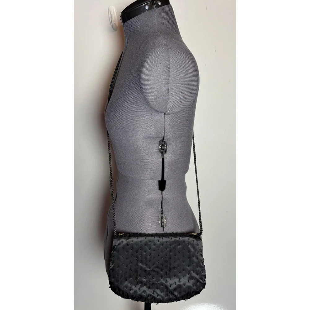Vtg Y2K Beaded Satin Evening Bag Black Floral‎ Woven Strap Prom cocktail